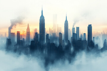 Obraz premium A misty sunrise over a cityscape of towering skyscrapers