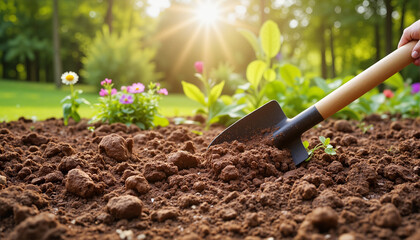 Gardener digging soil with shovel in blooming garden