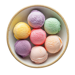 Obraz premium Colorful Ice Cream Scoops in a White Bowl Against Plain Background