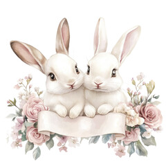 Obraz premium Cute Rabbits with Floral Decoration and Blank Banner for Design