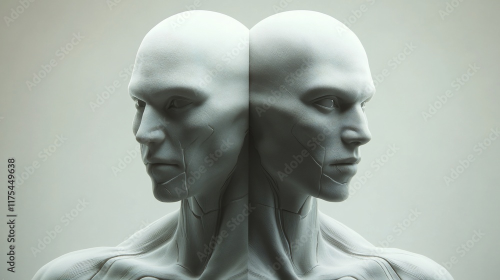 Poster a sculptural representation of two faces merged back-to-back, exploring identity and duality.