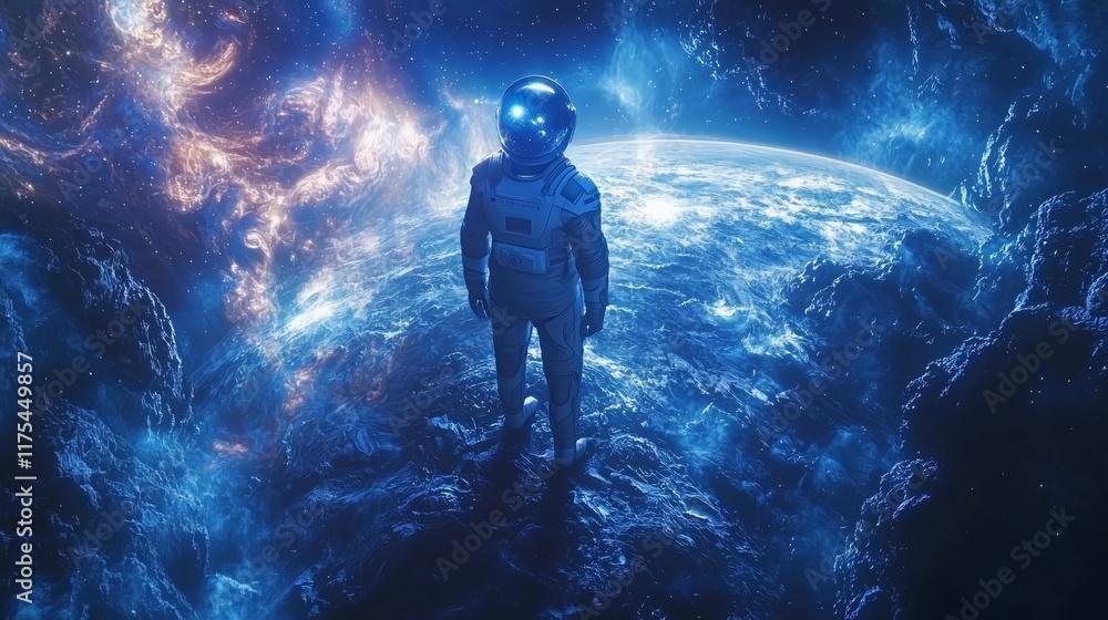 Poster astronaut in cosmic space exploring dark galactic nebula background