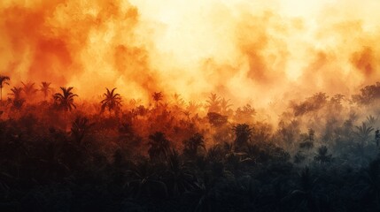 Fiery Sunset Over Tropical Forest with Dramatic Cloud Patterns