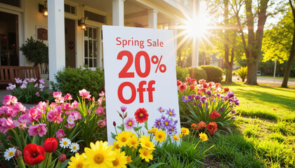 Spring sale sign with flowers in a sunny garden