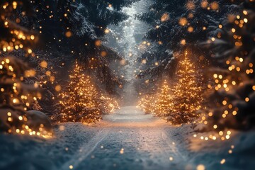 Naklejka premium enchanted forest illuminated by twinkling fairy lights hanging from evergreen trees casting a magical glow over a serene winter landscape filled with soft snow