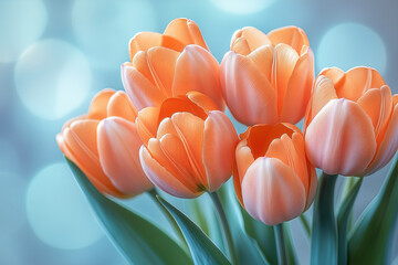 Bouquet of soft orange tulips against a light bokeh background, creating a dreamy atmosphere with soft-focus and reflections for greeting cards, wallpapers, digital art projects