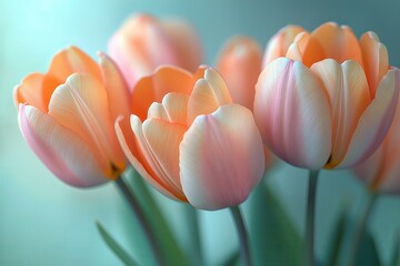 Bouquet of soft orange tulips against a light background, creating a dreamy atmosphere with soft-focus and reflections for greeting cards, wallpapers, digital art projects
