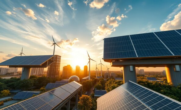Green energy solutions in a future city with solar panels and wind turbines integrated into skyscrapers innovative solar panel innovation power electricity energy technology panel renewable