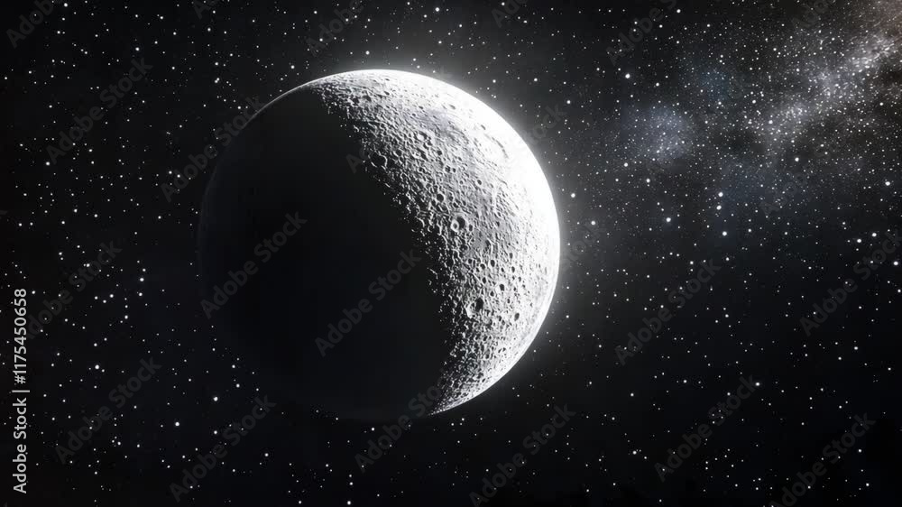 Poster exploration of a distant celestial body illuminated by a starry background in outer space