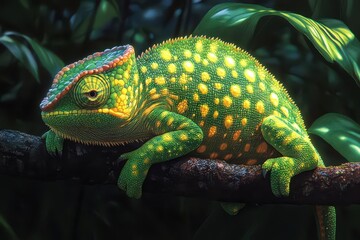 Obraz premium enchanting chameleon with vibrant green scales perched on a branch blending seamlessly into its lush surroundings showcasing its unique camouflage against a vibrant rainforest backdrop