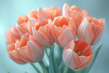 Bouquet of soft orange tulips against a light dreamy background, creating a dreamy atmosphere with soft-focus and reflections for greeting cards, wallpapers, digital art projects