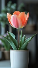 An elegant orange tulip stands tall in a minimalist white vase, surrounded by soft pastel tones and blurred details for greeting cards, wallpapers, digital art projects, web design, print media