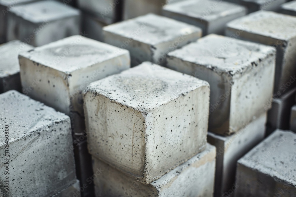 Poster close up of stacked concrete blocks, showcasing construction material ready for use in a building pr