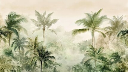 Lush tropical forest shrouded in mist, showcasing vibrant palm t
