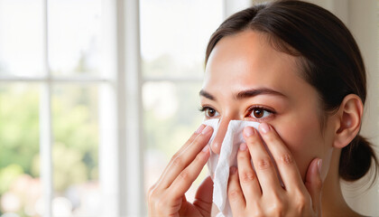 Young woman with immune system problem in sneezing attack