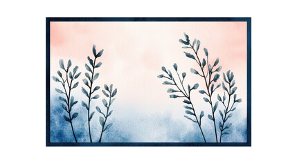 Minimalist watercolor illustration featuring branch silhouettes with soft blue and pink gradients, evoking a calm and serene natural theme. Isolated on transparent background, png.