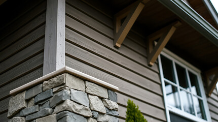Close-up view of a house's exterior, showcasing gray horizontal siding, a stone and wood post, a section of a window, and a portion of the roofline with visible wooden beams.