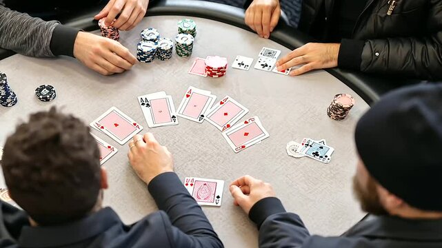 Birds Eye View of High Stakes Poker Game with Cards and Chips