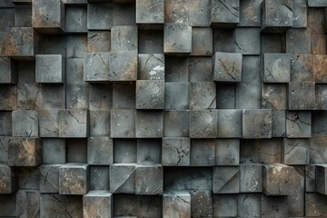 Gray concrete cubes forming an abstract wall, creating a textured surface with light and shadow playing across the geometric shapes
