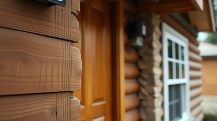 Close-up view of a log cabin's exterior, showcasing brown wooden logs, a partially visible wooden door, a white-framed window, and stone accents. The focus is on the texture of the wood.