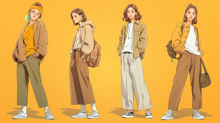 Generative AI, Casual Fashion Illustrations of Four Women in Autumn Outfits