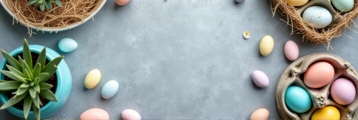 Colorful easter egg arrangement with succulents on textured surface