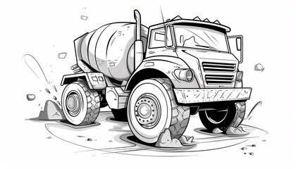 A powerful cartoon cement mixer truck splashes through mud. Ideal for construction, transportation, or children's book illustrations.