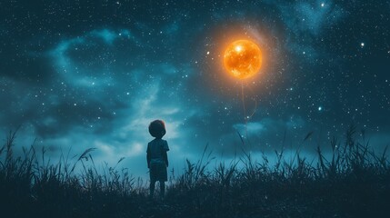 Fototapeta premium Dreamy Night Sky with Boy Gazing at a Glowing Orange Moon