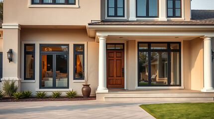 Fototapeta premium Tan-colored house exterior with large black-framed windows and doors. A wood front door is centered under a covered porch supported by white columns. Landscaping is minimal, with small shrubs.
