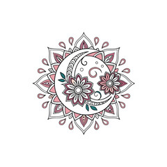 Ethnic mandala with moon and flowers