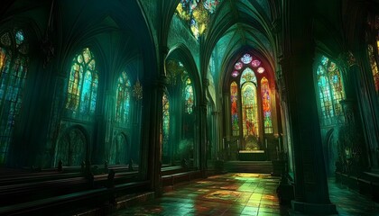 Obraz premium Enthralling Gothic Cathedral Interior with Vibrant Stained Glass Windows