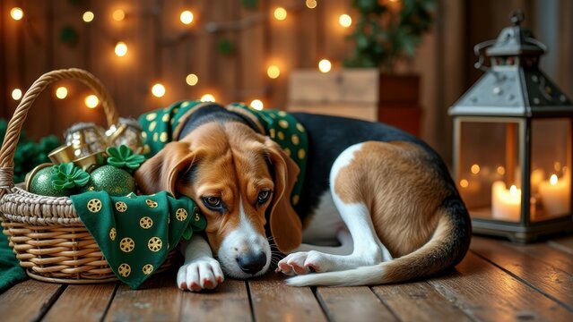 Cozy christmas scene with beagle and festive decorations for holiday cards