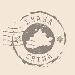 Fototapeta premium Stamp Postal of Lhasa is city of China. Map Silhouette rubber Seal. Design Retro Travel. Seal Map of Lhasa grunge for your design. China. EPS10