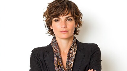 Confident woman with short brown hair wearing a black blazer and patterned scarf. Suitable for professional profiles or business websites.