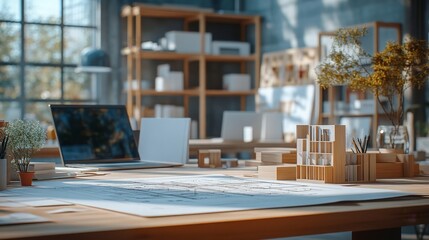 A modern design consultation setting with an architect and client, focused on a detailed office layout blueprint on the table, surrounded by sketches, laptops, and material samples.