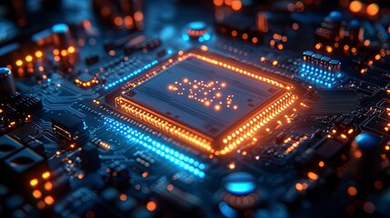 Obraz premium Quantum computer chip with visible atomic-scale components, cool blue lighting