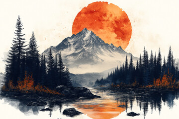 Serene Mountain Lake Sunset Landscape with Pine Trees