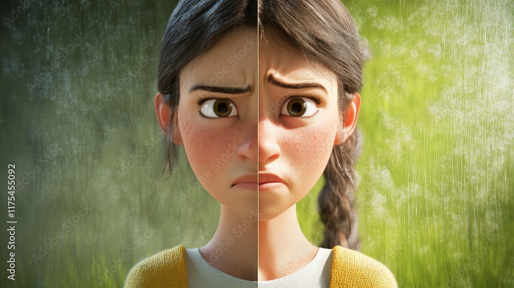 Poster a split image of a girl showing contrasting emotions and expressions.