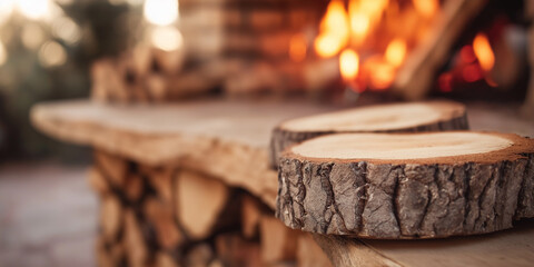 Two slices of firewood on a rustic wooden table with a warm, inviting fireplace in the background, evoking cozy feelings of home and warmth.