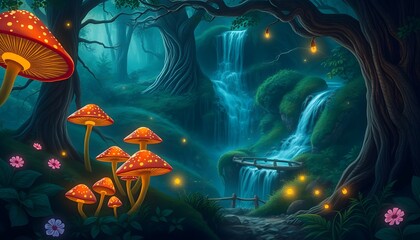 Enchanting Fairy Forest Waterfall Scene with Mushrooms