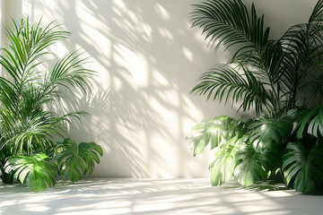 Fototapeta premium Tropical Plants Cast Shadows on a White Wall
