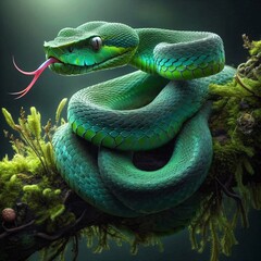 Green Snake on Mossy Branch