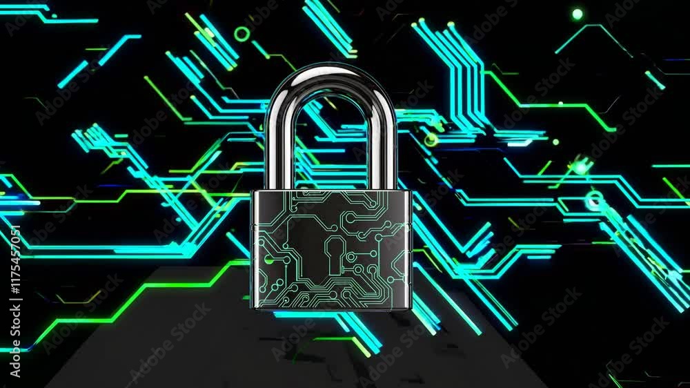 Poster a digital padlock symbolizing cybersecurity, set against a vibrant tech circuit background, represen