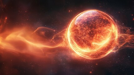 Obraz premium Fiery Orb in Cosmic Space with Glowing Energy Waves and Stars
