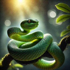 Arafed Green Snake with Striking Black Head