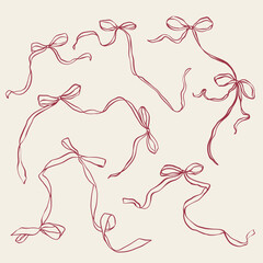 Vector red bows set. Hand-drawn gift bow isolated on beige background. Holiday illustration for design, print, fabric or background.