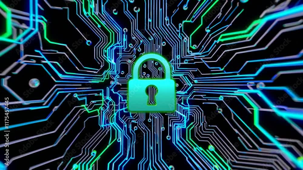 Poster a vibrant digital lock symbol surrounded by intricate electronic circuit patterns, representing cybe