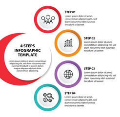 4 steps infographic template with 4 options. Flowchart that can be used for business report, data visualization and presentation. Timeline infographic elements vector illustration.
