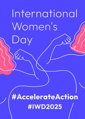 Accelerate Action campaign pose. International Women's Day 2025 poster. Outline women doing strength gesture with arm in solidarity and support for women's rights and gender equality. Linear banner