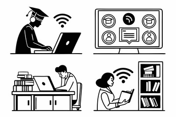 education and remote work icon flat illustration, black and white, white background